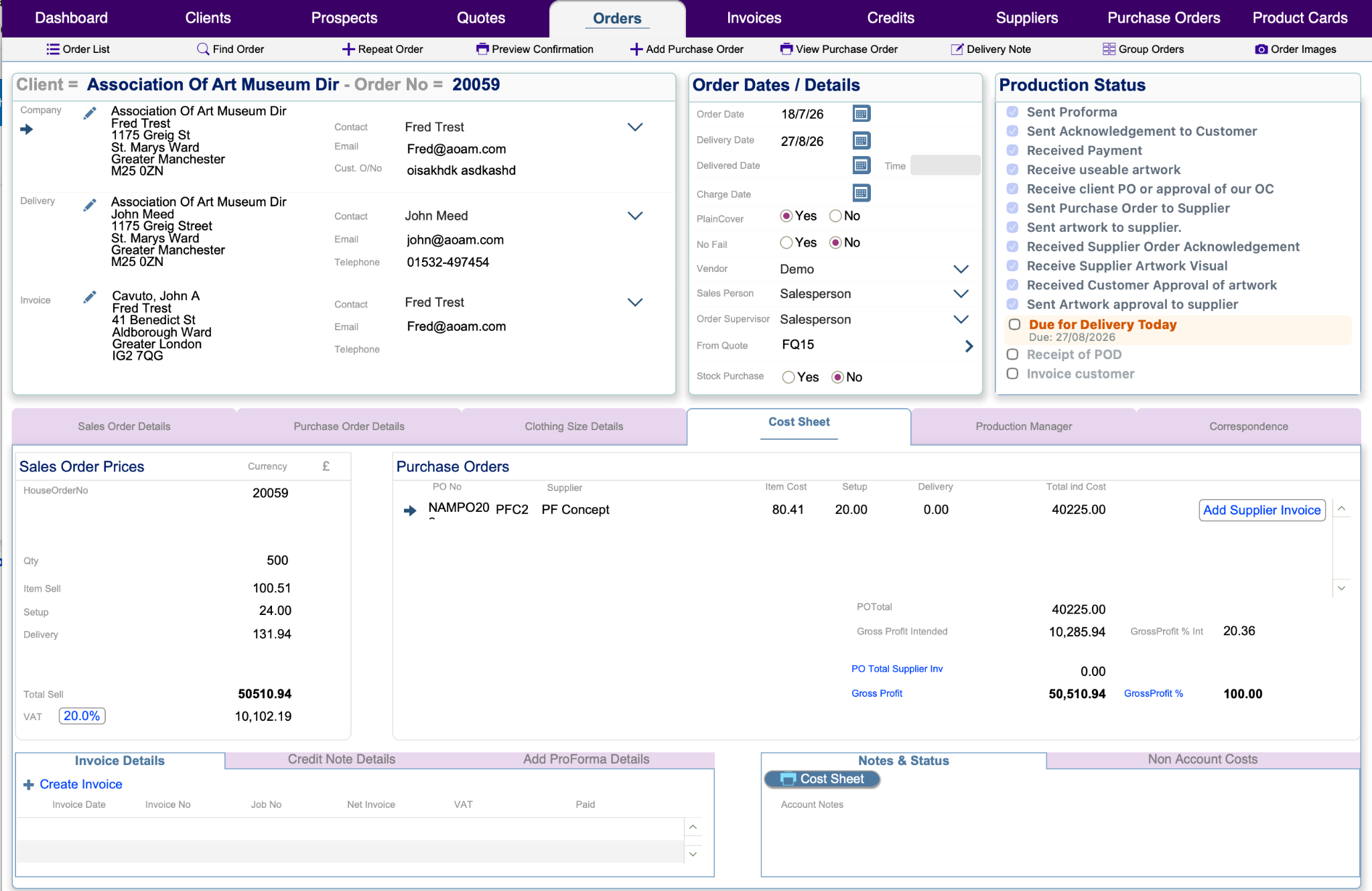 PROMOS Evolution Order Cost Sheet showing purchase order costs, supplier invoices, gross profit and customer invoicing