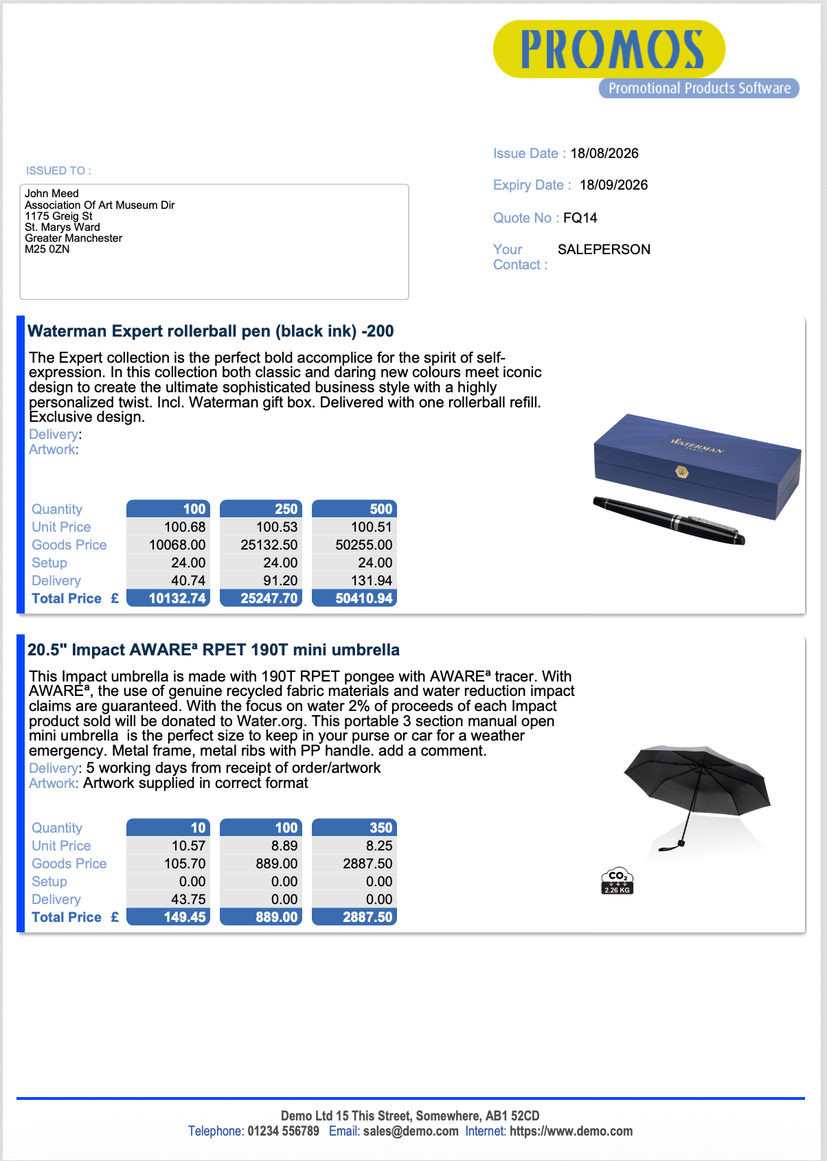 Example professional customer quotation produced by PROMOS Evolution