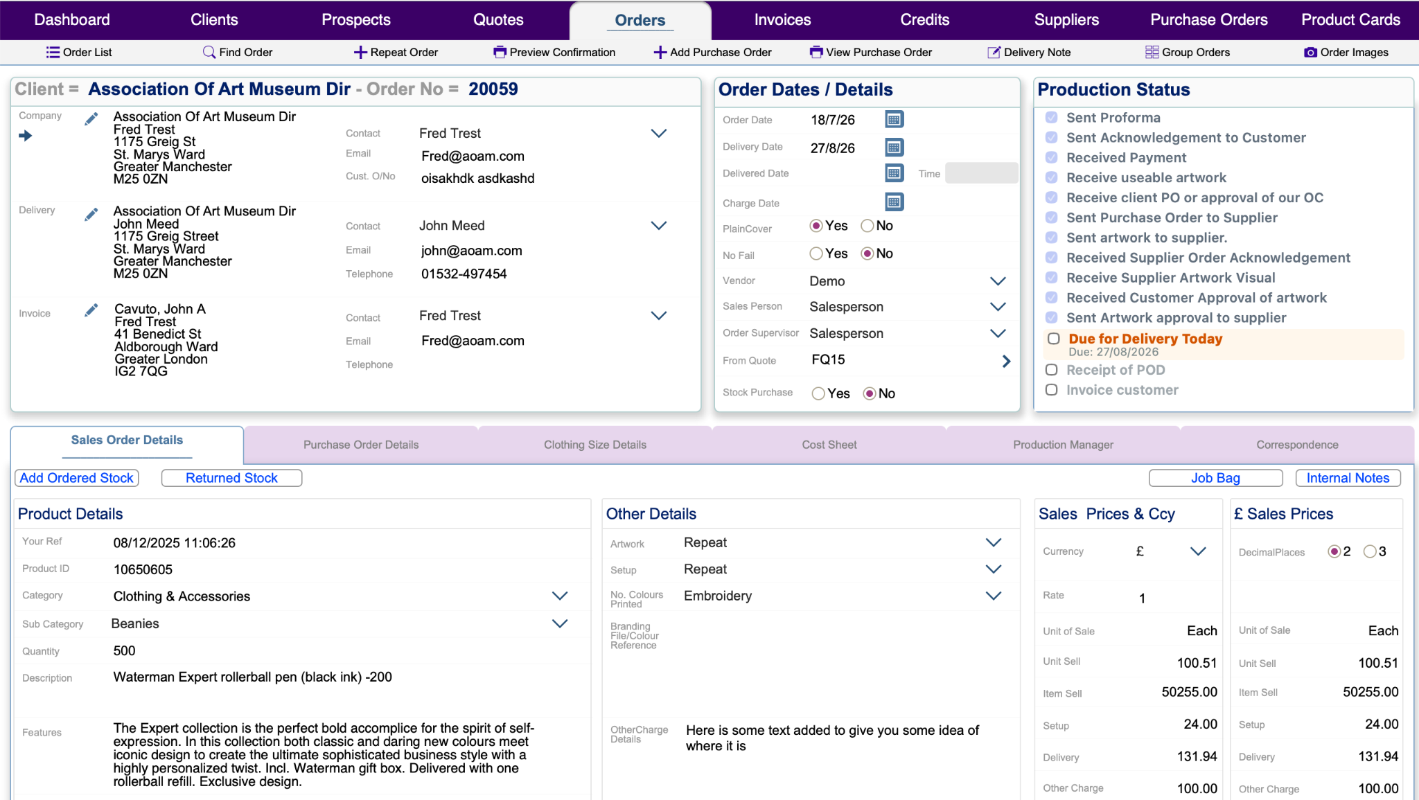 PROMOS Evolution order screen showing customer details, production status, product information and pricing
