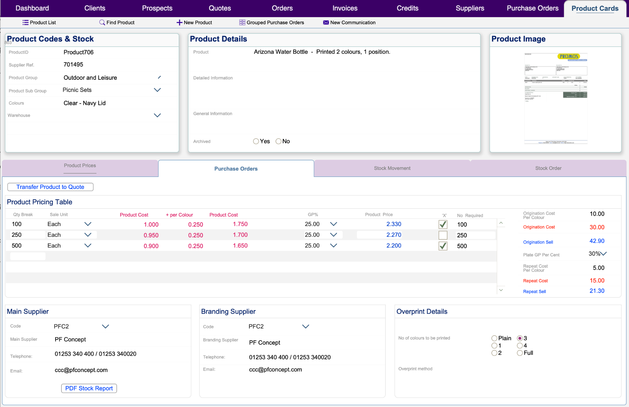 PROMOS Evolution own product pricing and supplier details