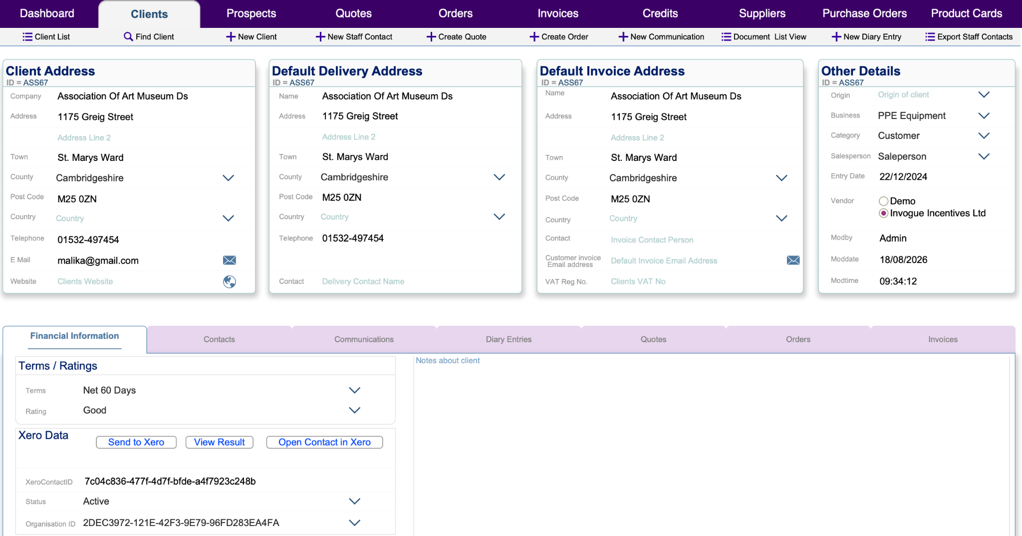 PROMOS Evolution Sales and CRM client record