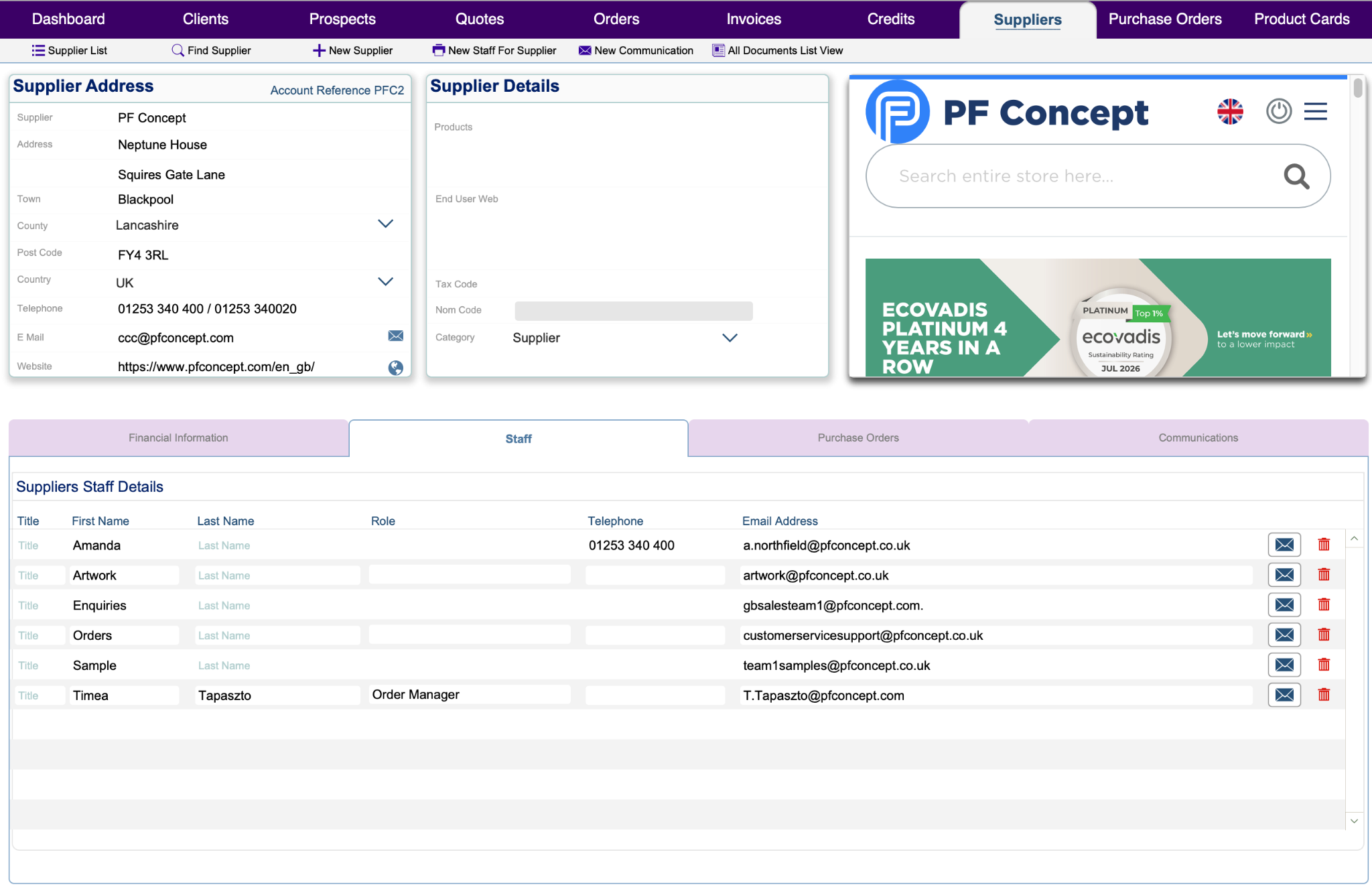 PROMOS Evolution supplier record with staff contacts and supplier website